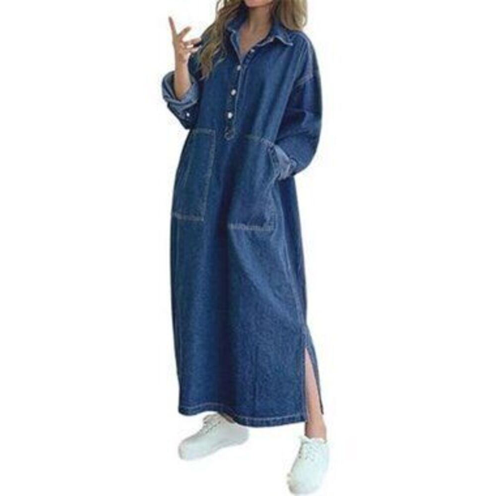 Women's Spring Fall Long Sleeve Denim Maxi Shirt Dress with Split